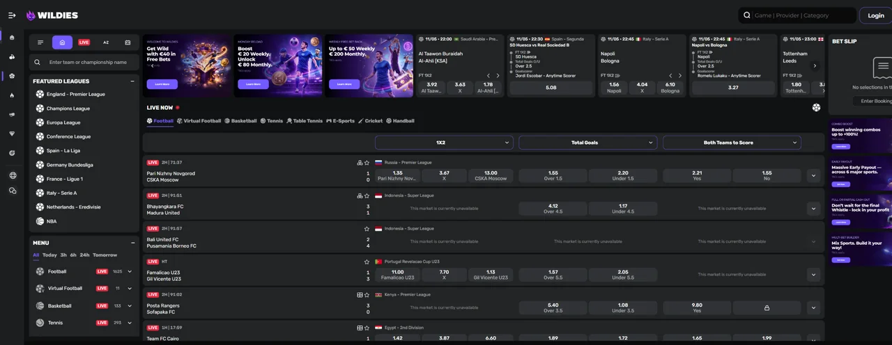 Wildies sportsbook live betting interface with odds panels and bet slip